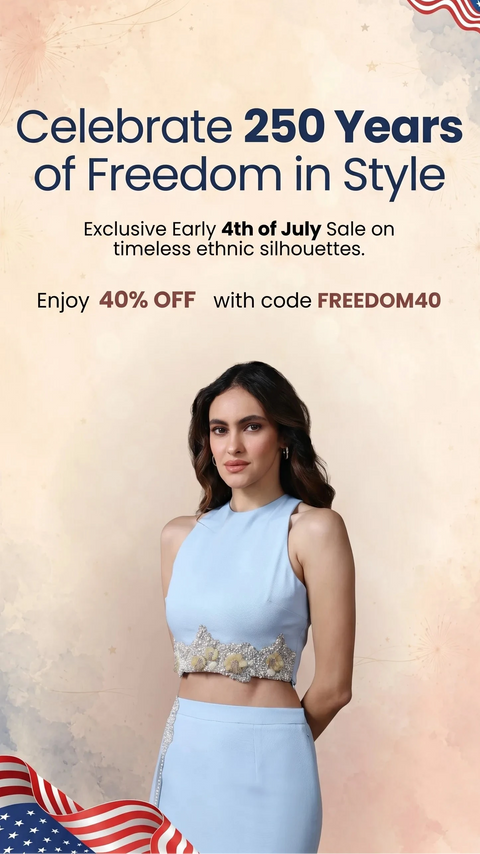 Promotional advertisement for a sale on ethnic silhouettes with a model in a light blue outfit against an American flag background.