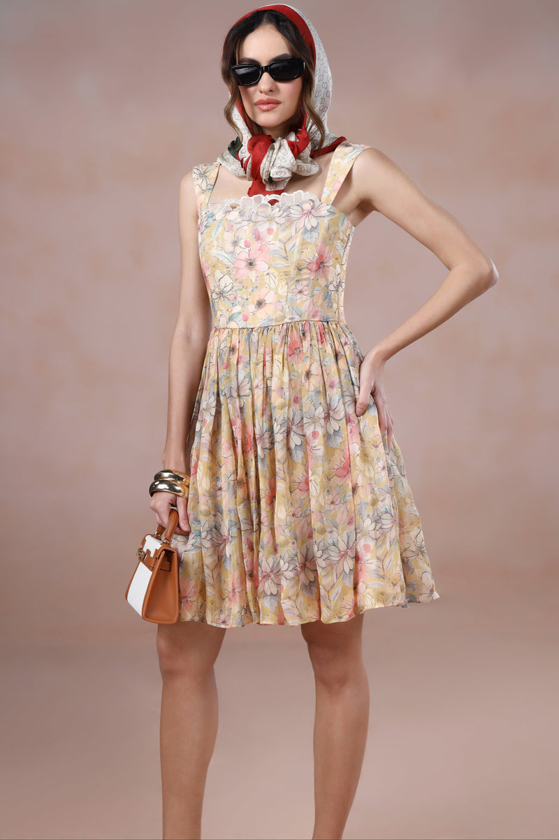 Woman wearing a floral dress with a headscarf and sunglasses on a beige background
