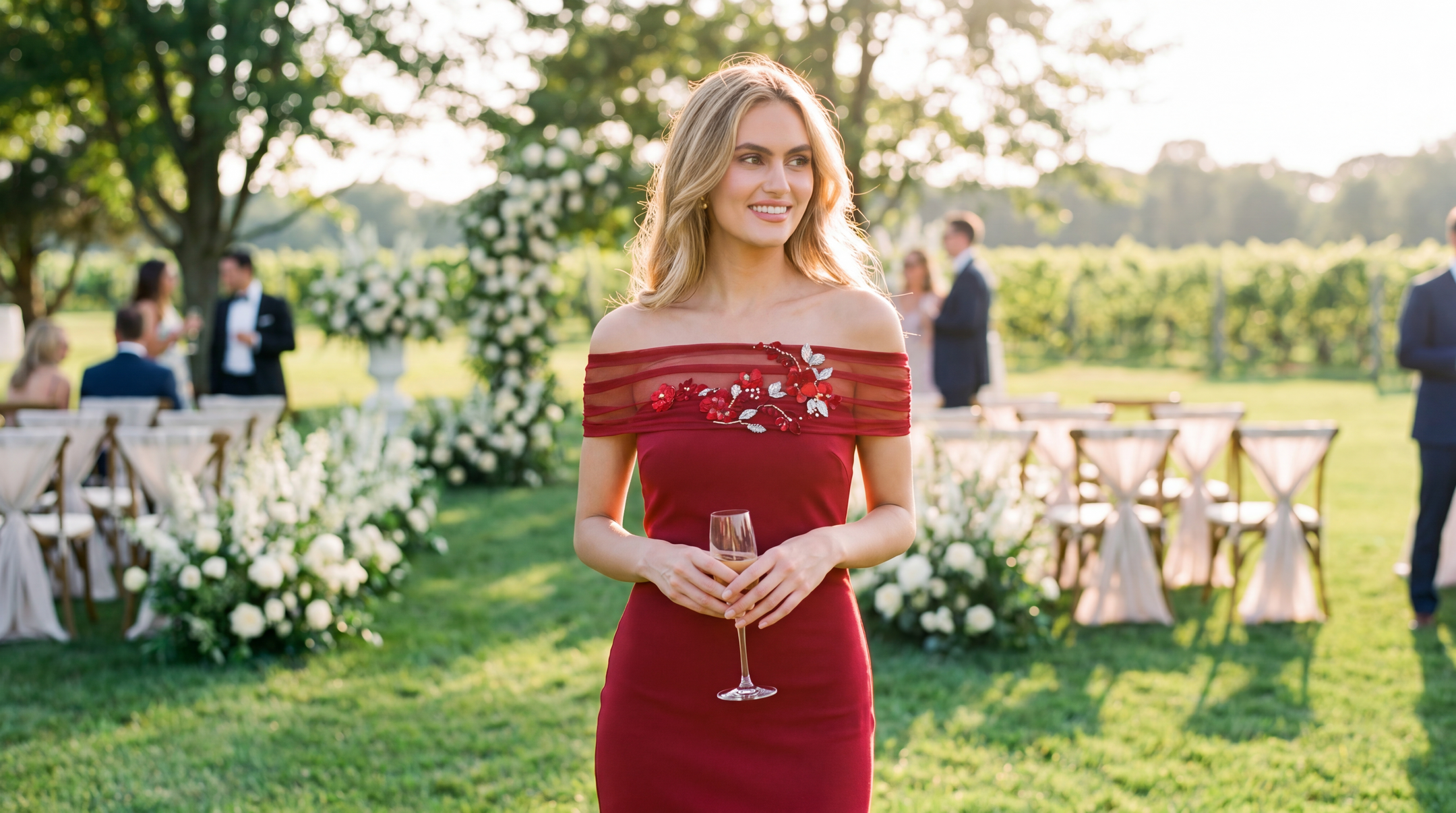 Woman in a red dress holding a glass of wine at an outdoor event with floral decorations.
